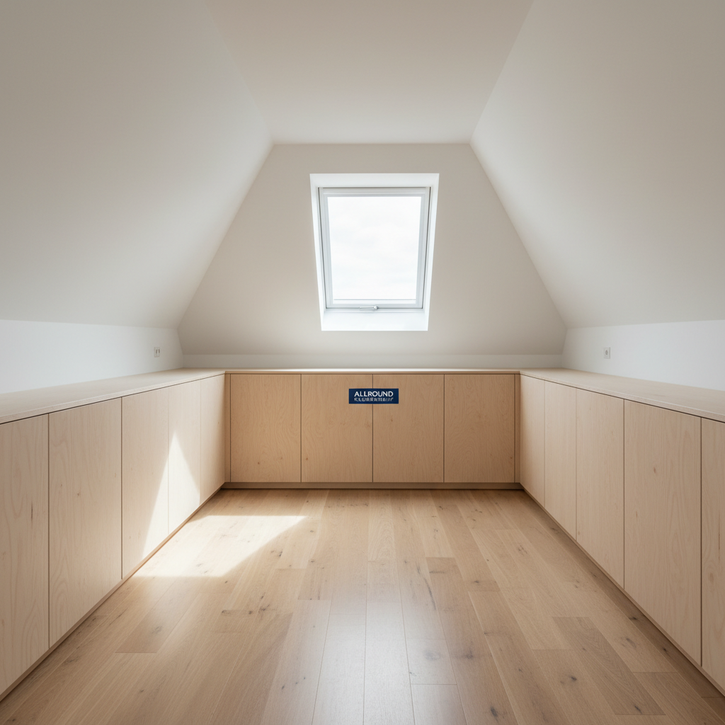 A bright, renovated attic space featuring custom-built wooden storage cabinets under a sloping roof, each unit made from pale, matte-finished birch plywood with precise, handle-less doors and seamless alignment. The cabinets follow the angle of the roof perfectly, maximizing space. A smooth, light oak floor reflects soft daylight from a roof window above, casting gentle, realistic shadows along the cabinet fronts. Photographic realism, captured from a slightly elevated corner perspective to show the full layout, with clean white walls and no clutter, emphasizing smart, bespoke carpentry solutions and a calm, efficient, professional mood for an allround klusbedrijf.