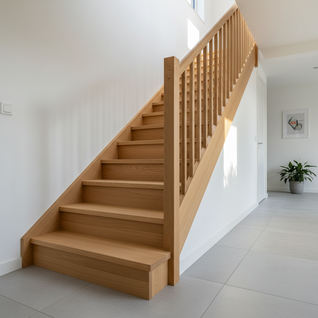 A freshly built custom wooden staircase in a modern Dutch home, crafted from warm light oak with perfectly aligned steps and crisp, clean joints. The balustrade features solid, square posts and smooth handrails, all sanded to a satin finish. The staircase rises beside a white plaster wall, with a tidy hallway of light grey tiles at the base. Soft afternoon natural light from an unseen window illuminates the timber, emphasizing its grain and precision joinery. Photographic realism, captured from a slightly low angle to accentuate structure and solidity, with a calm, professional mood and minimal, uncluttered background to highlight expert carpentry.