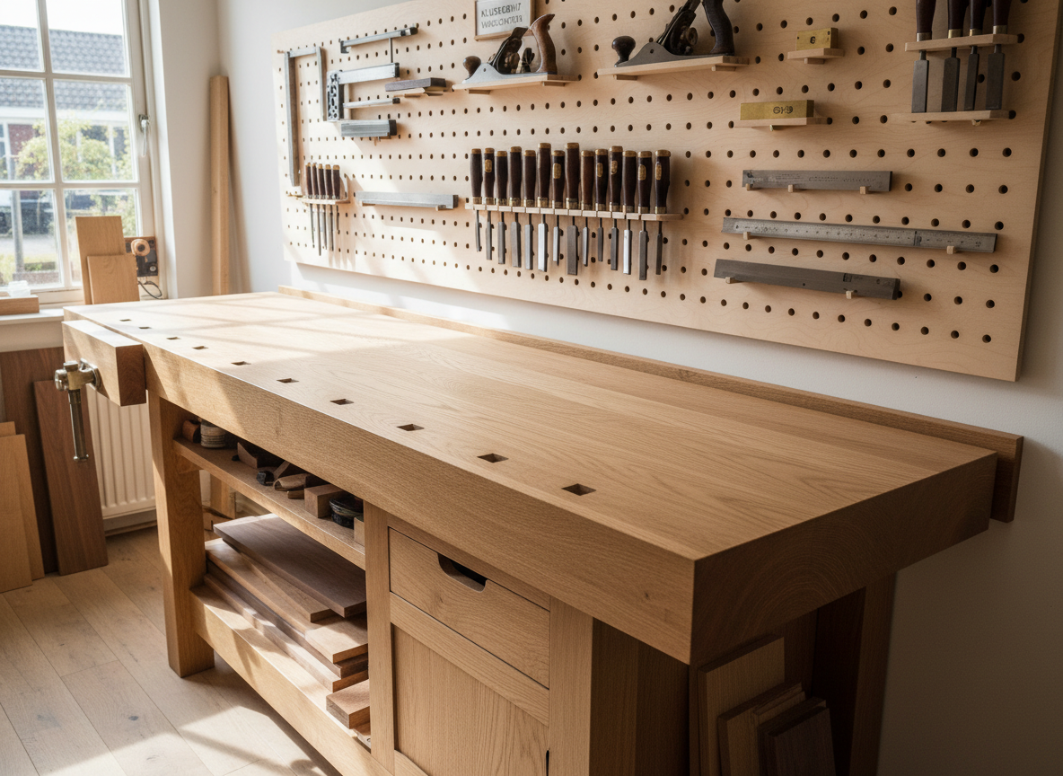 A neatly organized woodworking bench in a professional Dutch workshop, dominated by a smooth, solid oak worktop with visible grain and clean, precise edges. High-quality hand tools—chisels, planes, and measuring squares—rest in orderly rows on a pegboard of pale birch behind the bench. Natural daylight from a large side window washes over the space, creating soft, realistic highlights on the metal tool surfaces and gentle shadows across the timber. Photographic realism, shot at eye level with sharp focus throughout, conveying reliability, craftsmanship, and a clean, modern atmosphere suitable for a professional all-round klusbedrijf in Voorschoten.