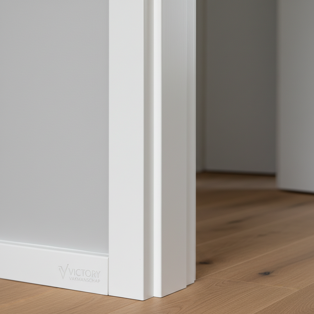 A close-up of a newly installed, custom-built interior door frame in pristine white-painted hardwood, its sharp mitred corners and perfectly flush joints demonstrating meticulous timmerwerk. The frame is set within a smooth, light-grey plastered wall in a modern home, with a glimpse of oak flooring beyond. Diffused overcast daylight enters from the side, providing even, shadow-free illumination that reveals the flawless paint finish and subtle texture of the wood beneath. Photographic realism, shot straight-on with a shallow depth of field, keeping the frame in crisp focus while softening the background, creating a professional, trustworthy, and detail-oriented atmosphere for Victory Vakmanschap.