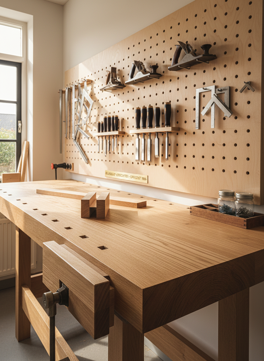 A neatly organized woodworking bench in a professional Dutch workshop, dominated by a smooth, solid oak worktop with visible grain and clean, precise edges. High-quality hand tools—chisels, planes, and measuring squares—rest in orderly rows on a pegboard of pale birch behind the bench. Natural daylight from a large side window washes over the space, creating soft, realistic highlights on the metal tool surfaces and gentle shadows across the timber. Photographic realism, shot at eye level with sharp focus throughout, conveying reliability, craftsmanship, and a clean, modern atmosphere suitable for a professional all-round klusbedrijf in Voorschoten.