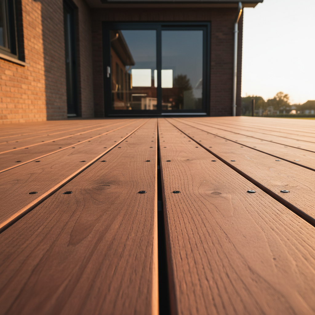 A detailed view of an outdoor wooden terrace constructed from rich, brown impregnated decking boards, each plank aligned with exact spacing and cleanly finished screw heads. The terrace adjoins a neat brick Dutch house wall, with a dark anthracite sliding door frame in the background. Early evening golden-hour sunlight grazes across the boards, highlighting their texture and creating long, soft shadows between them. Photographic realism, shot from a low angle along the length of the deck to emphasize straightness and precision, with a shallow depth of field that keeps the foreground boards sharply in focus. The mood is sturdy, reliable, and professional, showcasing quality exterior timber work around Voorschoten.